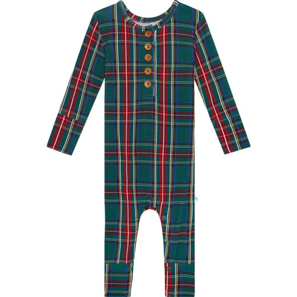 Posh Peanut Bamboo Collared Henley Romper Green Tartan Plaid New Sz 18-24 m